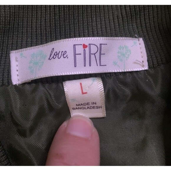 Love Fire Bomber Jacket Large Olive Green Floral Embroidered Boho Fairycore - Picture 2 of 3
